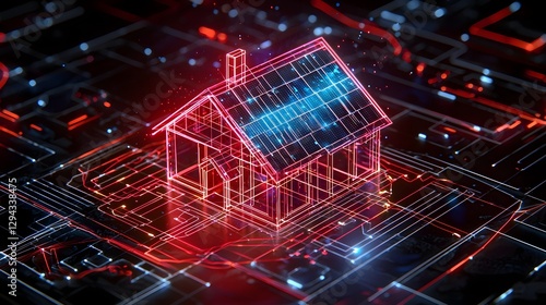 Obraz na płótnie Highly detailed 3D isometric blueprint of an energy positive smart home featuring transparent solar panels AI assisted energy distribution and autonomous repair bots w salonie