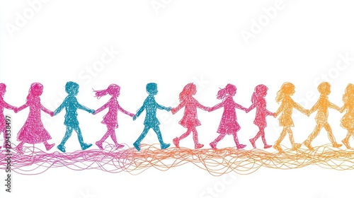 Children holding hands walking, colorful silhouettes, abstract background