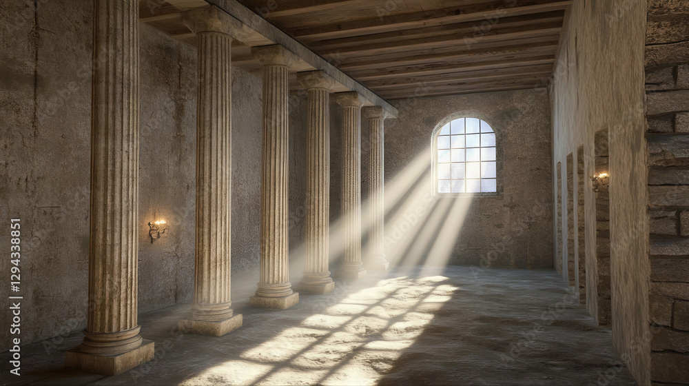 Sunbeam through ancient antique temple, building architecture arch structure window with pillars and fire touch, burn fire. Church of the holy sepulchre jerusalem