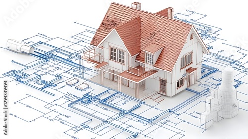 Hyper Detailed 3D Technical Blueprint of an Off Grid Smart Home Featuring Solar Batteries AI Driven Waste Management and Self Adjusting Insulation