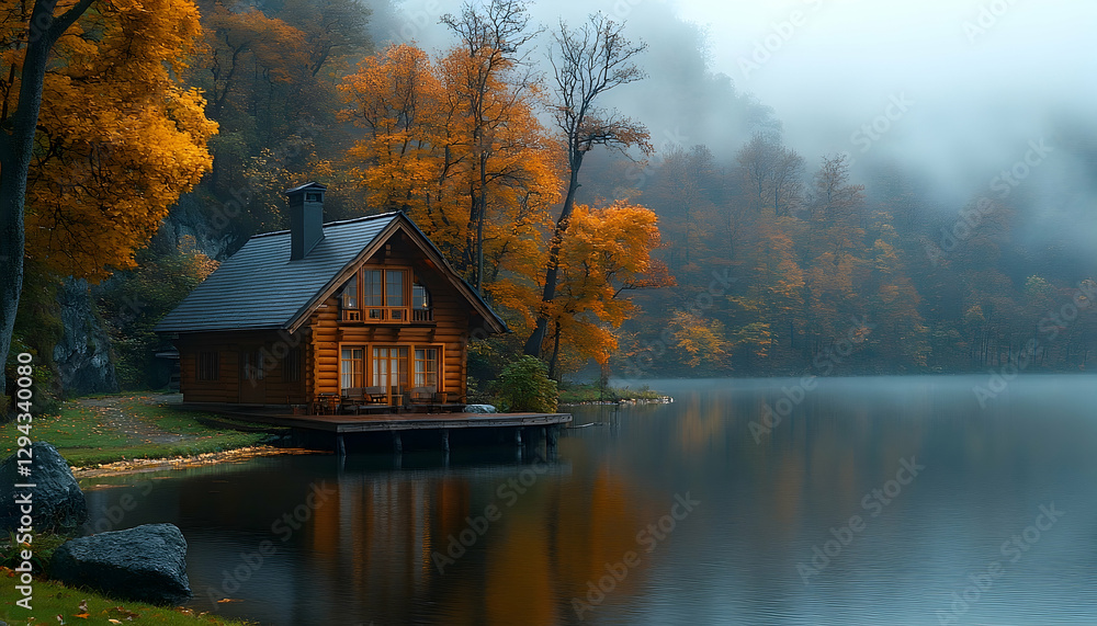 Fototapeta premium Idyllic Lake Cabin in Autumn Mist, A Serene Lakeside Retreat
