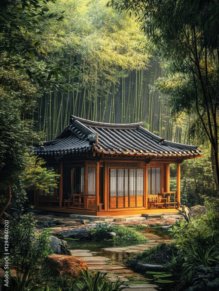 Korean traditional house in a lush bamboo forest setting Korean traditional house in a lush bamboo forest setting
