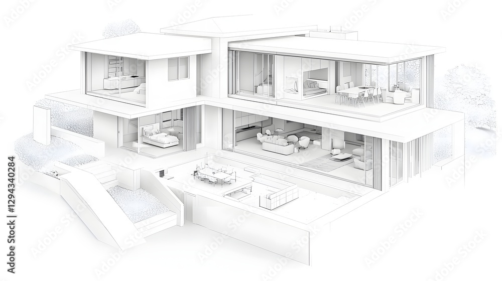 Innovative 3D blueprint rendering of a cutting edge modular smart home featuring expandable rooms self sustaining energy sources Innovative 3D blueprint rendering of a cutting edge modular smart home featuring expandable rooms self sustaining energy sources
