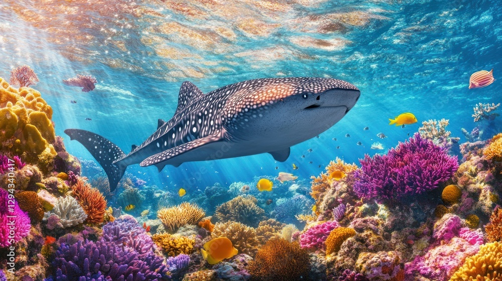 Fototapeta premium Whale Shark Majestically Swims Through Vibrant Coral Reef