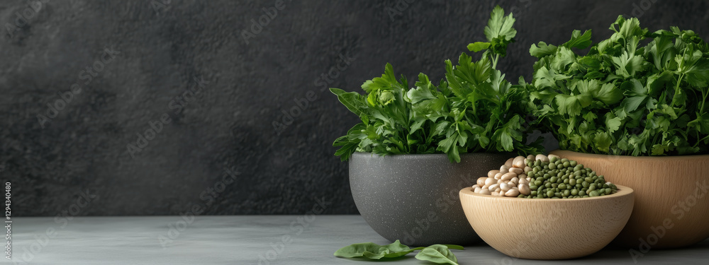 Fresh herbs and legumes in bowls on gray surface, showcasing healthy plant based diet. vibrant greens and earthy tones create calming atmosphere, perfect for promoting wellness Fresh herbs and legumes in bowls on gray surface, showcasing healthy plant based diet. vibrant greens and earthy tones create calming atmosphere, perfect for promoting wellness