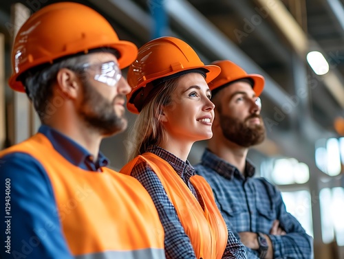 Three Workers Are Standing In Their Work Environment photo