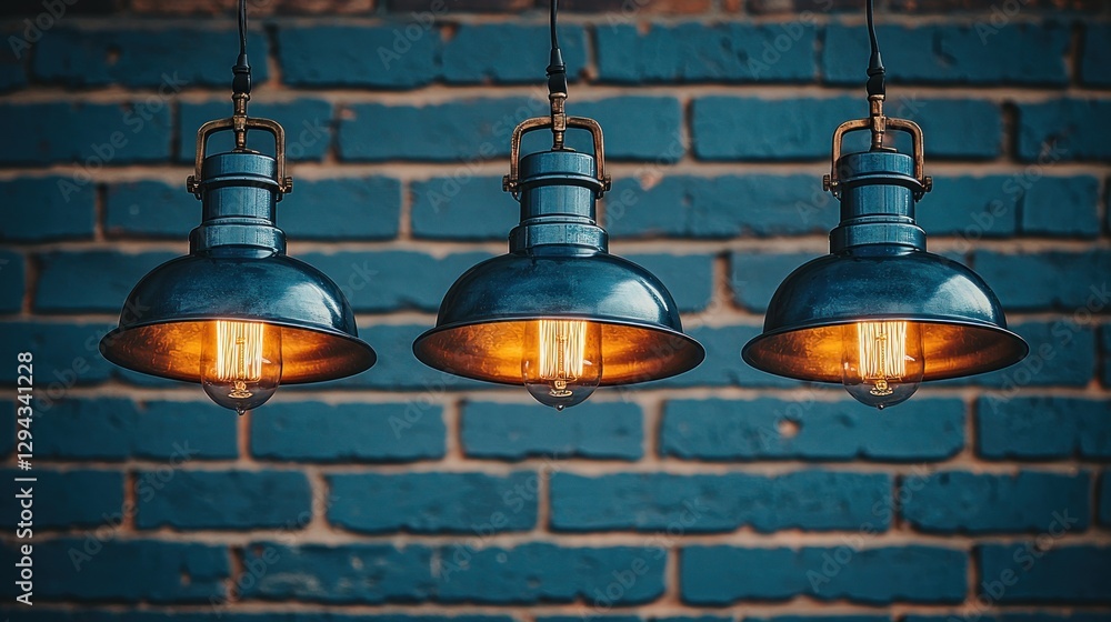 Obraz premium Industrial style pendant lights against teal brick wall
