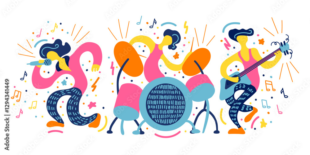 Naklejka premium Vector flat illustration with doodle musicians. Music band plays their instruments. Bright color trendy design for print, textile, postcard, advertising, music festivals, musical groups