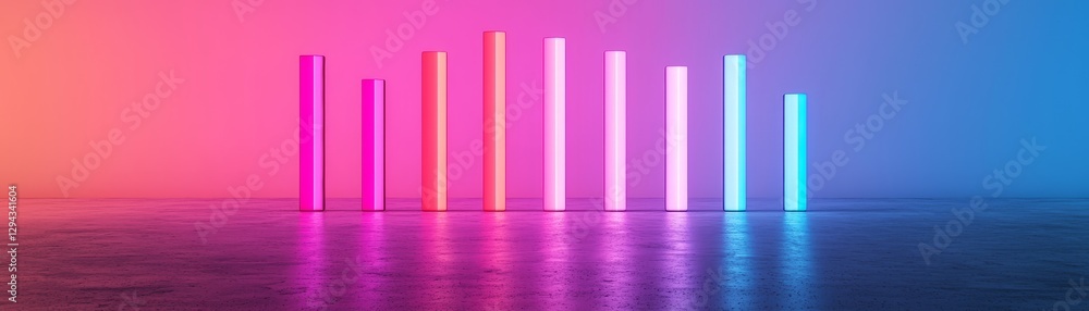 Fototapeta premium A vibrant display of glowing vertical bars in gradient colors, reflecting on a smooth surface, creating a dynamic and modern atmosphere.