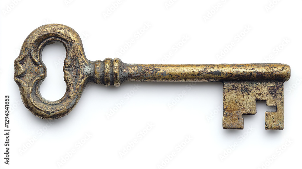 Antique key with rustic patina on white background Antique key with rustic patina on white background