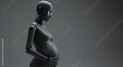 Futuristic pregnant robot silhouette in profile on gray background