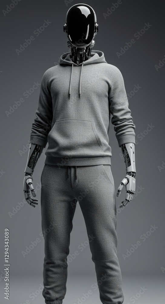 Futuristic android in casual hoodie and sweatpants standing against neutral background Futuristic android in casual hoodie and sweatpants standing against neutral background