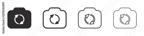 Set of camera and rotation arrow. Flip and switch camera, switch from front to back camera. Photo camera symbol, flip camera. Vector. EPS10.