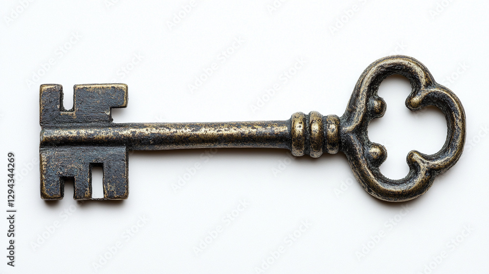 Antique key on white background, evoking mystery and history Antique key on white background, evoking mystery and history