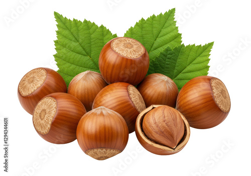 Isolated Group of Hazelnuts with Green Leaves