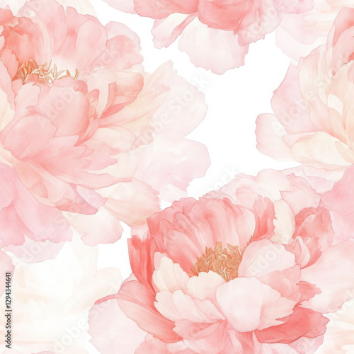 Tender light pink peony flowers on a white background. Floral pattern. Watercolor illustration.