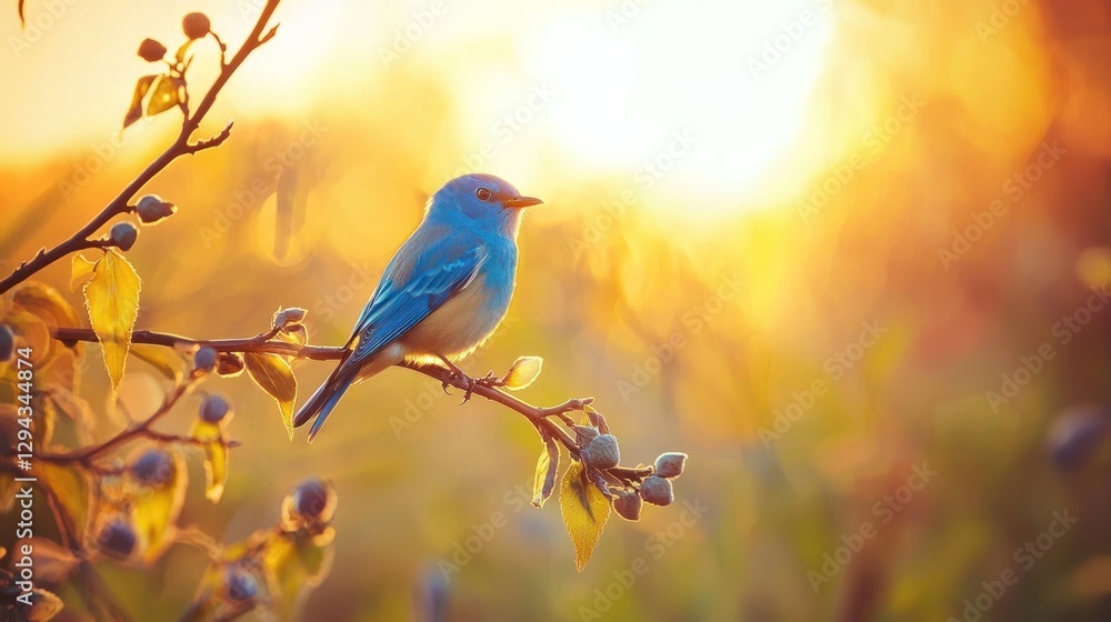 A bluebird perched on a branch, singing as the sun rises over a peaceful campsite A bluebird perched on a branch, singing as the sun rises over a peaceful campsite