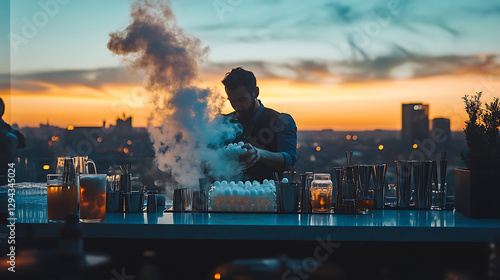 Fototapeta Naklejka Na Ścianę i Meble -  A rooftop bar at sunset with bartenders using molecular gastronomy techniques to create drinks, featuring specialized equipment like smoke infusers and spherification tools, with a cityscape 