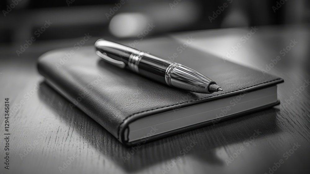 Elegant Monochrome Desk Setup with Luxury Journal and Fine Pen Elegant Monochrome Desk Setup with Luxury Journal and Fine Pen
