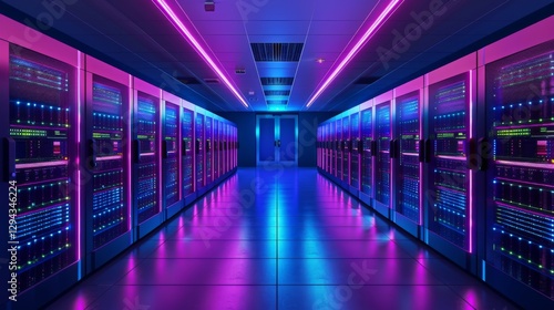 Fototapeta Naklejka Na Ścianę i Meble -  A futuristic data center is highlighted with server racks adorned by vibrant neon lights. The illuminated space creates a dynamic atmosphere ideal for technology and innovation.