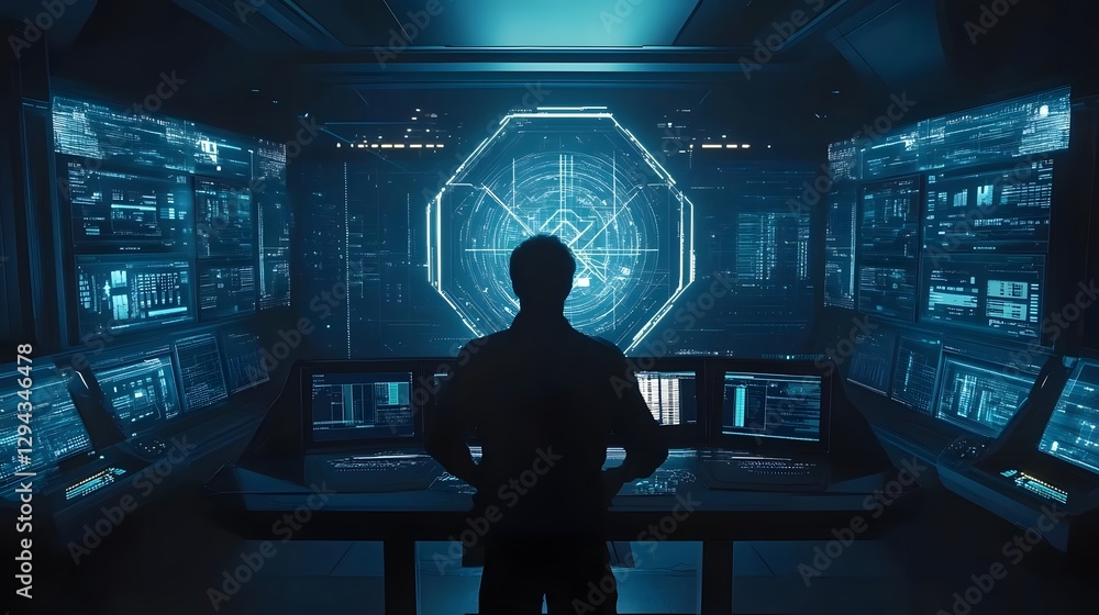 Futuristic control room with a lone operator analyzing holographic data against a high-tech backdrop Futuristic control room with a lone operator analyzing holographic data against a high-tech backdrop