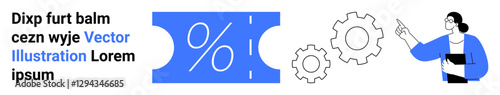 Coupon with percent sign, gears for process optimization, woman pointing for guidance. Ideal for marketing, analytics, business, teamwork, discounts strategy customer engagement. Abstract line flat