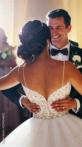 4K Happy Newlywed Couple Dancing at Wedding Reception Under Romantic Lights