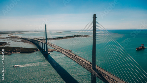 Aerial View of a Cebu-Cordova Bridge Over Turquoise Water with Traffic | Philippines