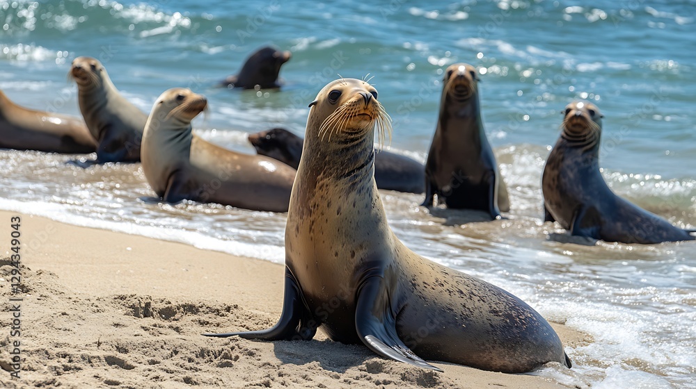 Naklejka premium Several sea lions relaxing on a sandy beach near the ocean