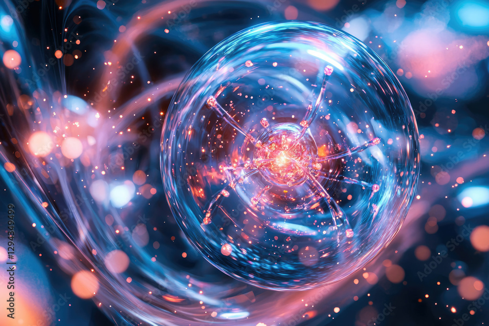Obraz premium A vibrant, glowing orb encapsulates a radiant core, surrounded by swirling cosmic dust and energy.