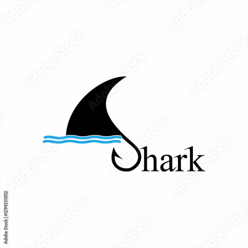Design the word "Shark" with shark fin and fishing hook on the letter S.