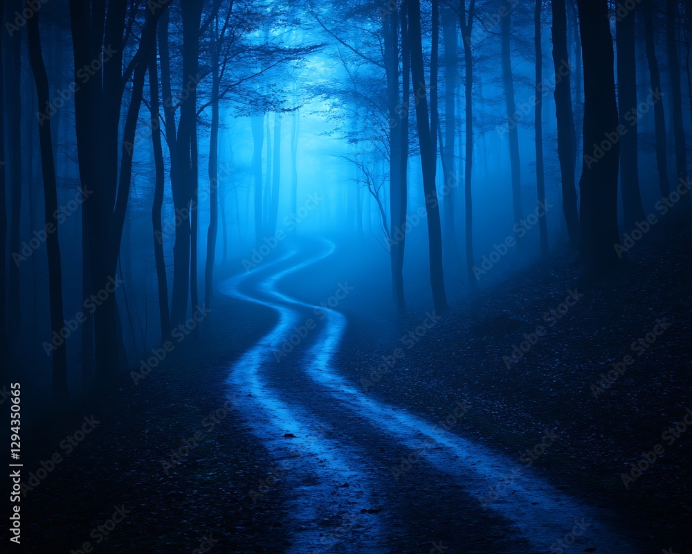 Naklejka premium A winding road through a mysterious misty forest path