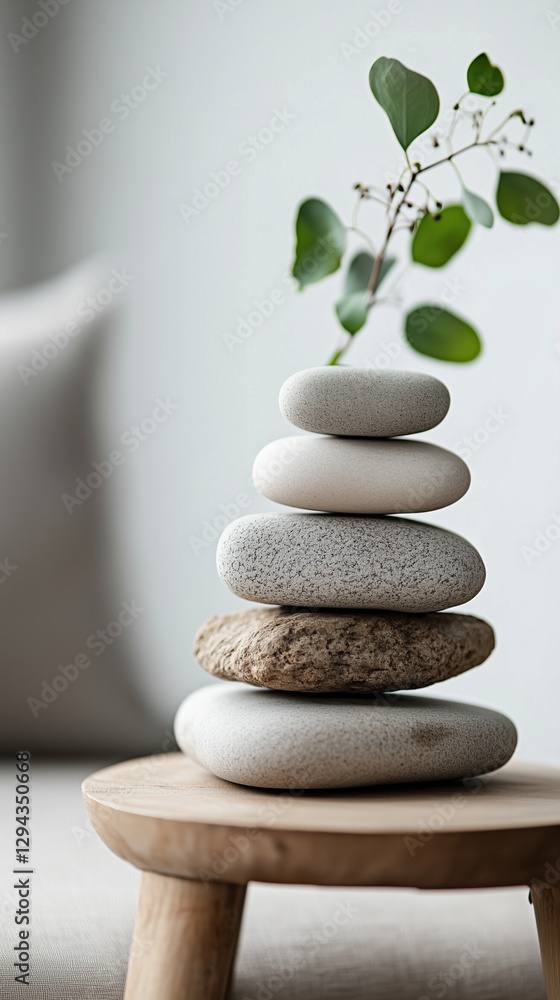 serene arrangement of smooth stones stacked on wooden table, featuring delicate branch with leaves, creating calming and natural atmosphere serene arrangement of smooth stones stacked on wooden table, featuring delicate branch with leaves, creating calming and natural atmosphere