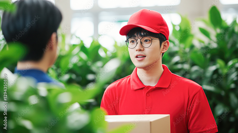 Urban courier delivery action young courier in office location close-up Urban courier delivery action young courier in office location close-up