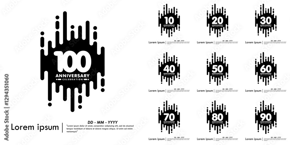 Fototapeta premium Set of 10-100th years anniversary celebration emblem. black anniversary logo isolated with vertical rounded lines geometric shape on white background. vector illustration template design
