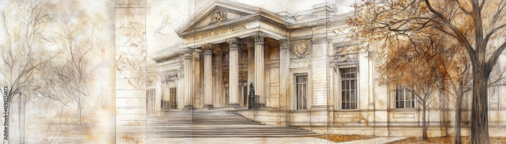 Fototapeta premium Beige Stone Classical Building with Columns Autumn Trees