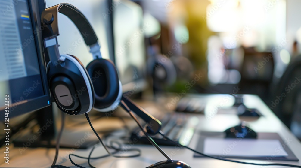 Headset and customer support equipment at call center ready for actively service . Corporate business help desk and telephone assistance concept