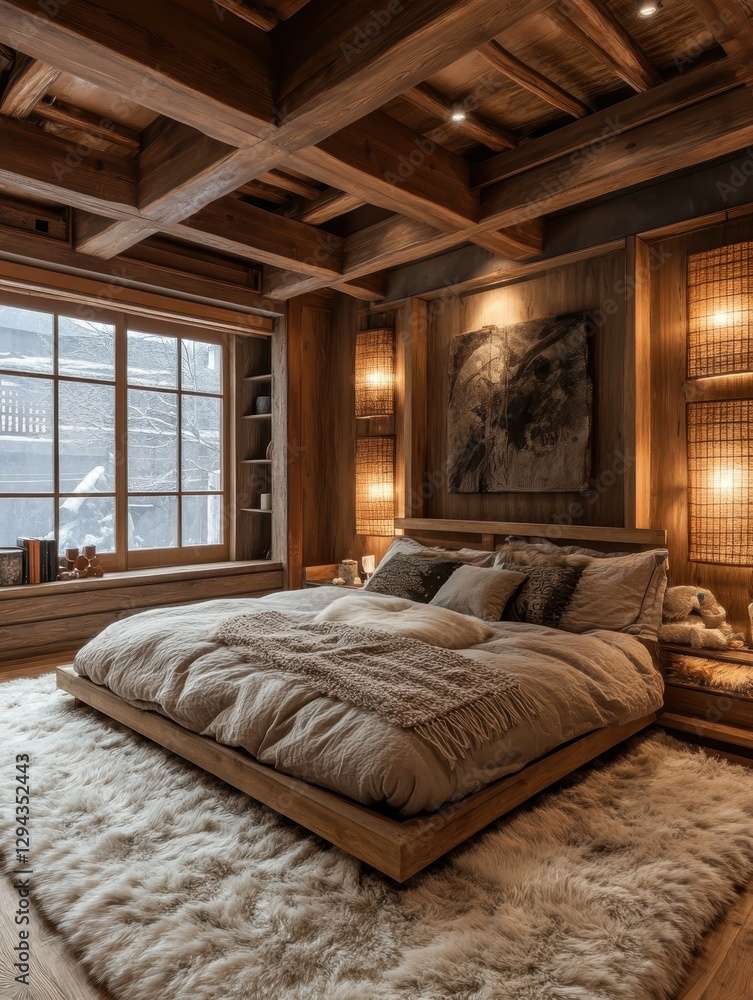 Fototapeta premium A cozy bedroom features wooden beams with a bed and rug