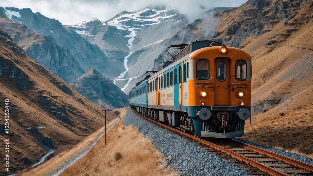 A vibrant orange and yellow train traversing rocky tracks through a mountainous landscape with lush greenery and dramatic clouds above, creating a A vibrant orange and yellow train traversing rocky tracks through a mountainous landscape with lush greenery and dramatic clouds above, creating a