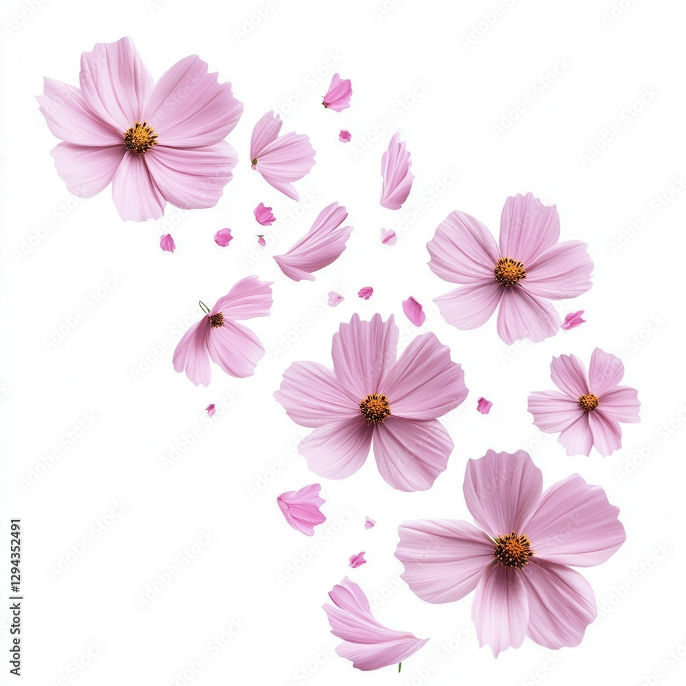Ethereal cosmos blooms cascading on a pristine white canvas soft petals dance creating a serene floral arrangement delicate beauty in a minimalist style Ethereal cosmos blooms cascading on a pristine white canvas soft petals dance creating a serene floral arrangement delicate beauty in a minimalist style