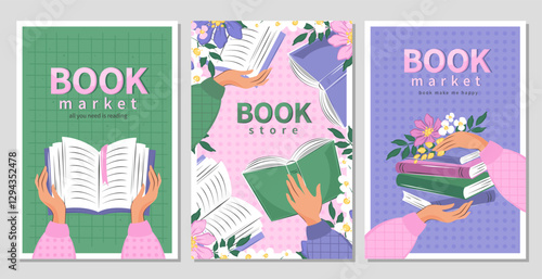 Set of banner for bookstore, library, sale in bookshop, market. People read books. Spring summer floral background. Vector illustration for poster, cover, marketing, sale.