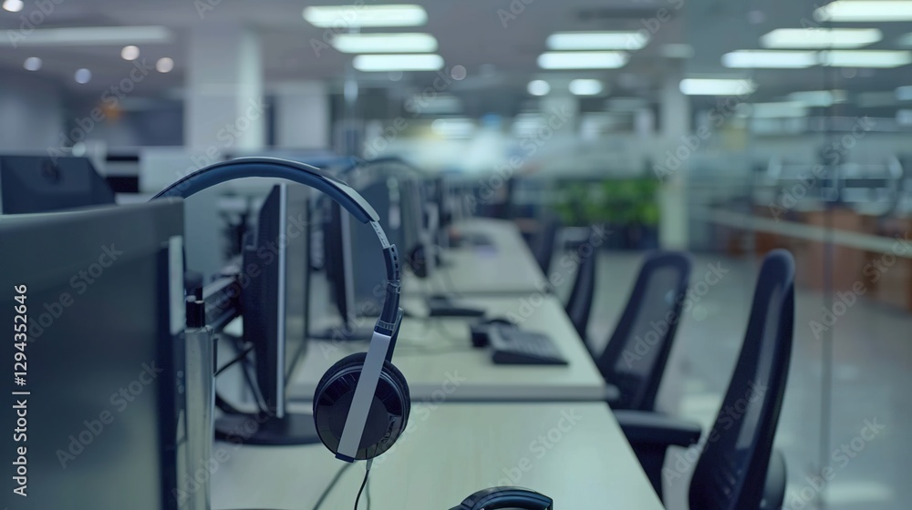 Fototapeta premium Headset and customer support equipment at call center ready for actively service . Corporate business help desk and telephone assistance concept