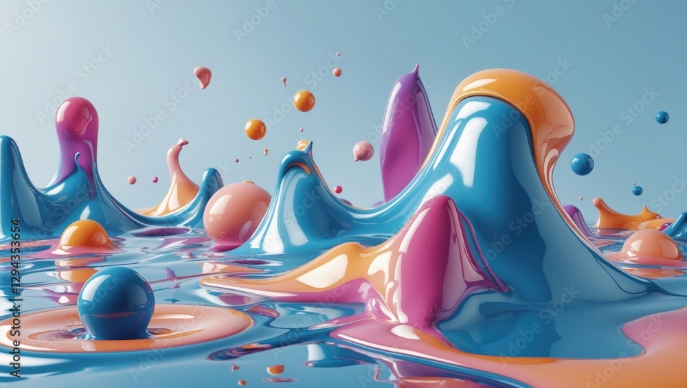 Fototapeta premium Colorful abstract landscape with smooth, flowing shapes and spheres reflecting light on a serene surface