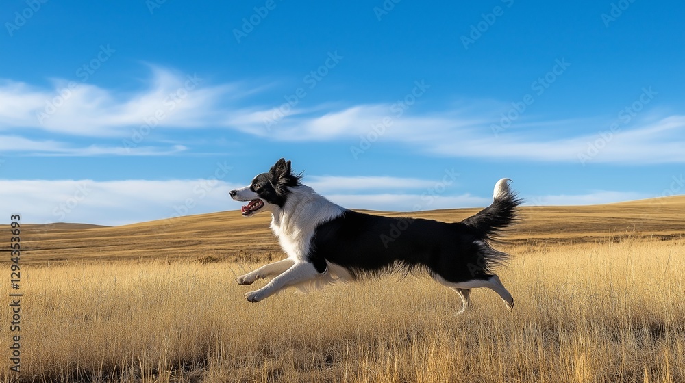 Playful border collie, catching a flying disc mid-air with perfect precision, set against a wide Playful border collie, catching a flying disc mid-air with perfect precision, set against a wide