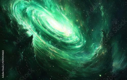 A green spiral galaxy, its stars and nebulae swirling around a glowing center, representing the vast and awe-inspiring nature of the universe. 