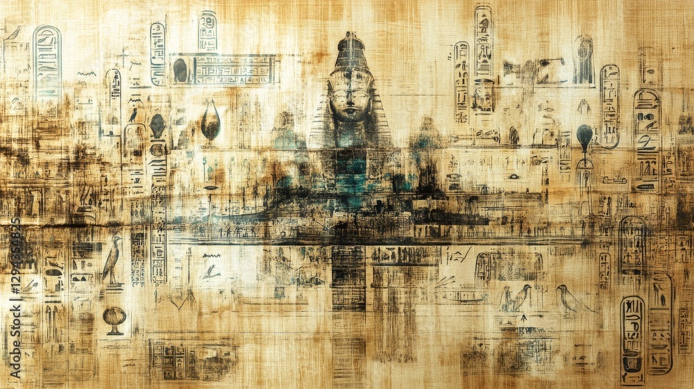 Obraz premium Ancient Egyptian art featuring a majestic sphinx and hieroglyphs.