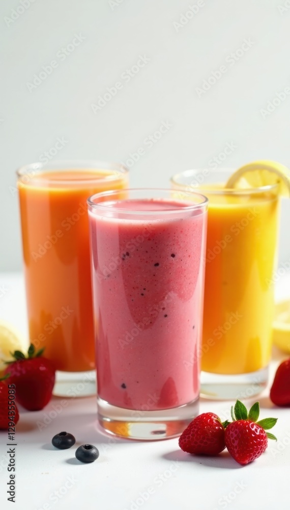 Close-up; assorted glasses filled with smoothies, white background, design, modern Close-up; assorted glasses filled with smoothies, white background, design, modern