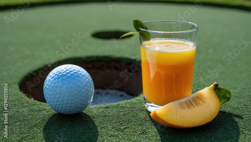 A refreshing glass of orange juice alongside a golf ball and a slice of melon on a green golf course