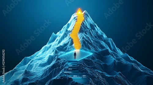 Ambitious human figure stepping forward on a radiant neon path stretching toward a futuristic mountain peak symbolizing the journey of success personal growth and self improvement