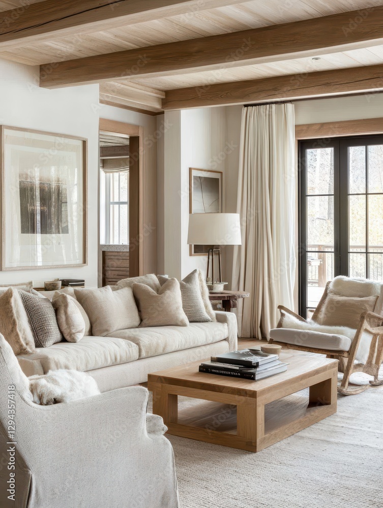 Fototapeta premium Relaxing Living room in soft neutrals with visible exposed beams